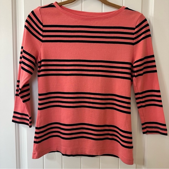 Talbots Beateau Neck Three Quarter Sleeve Tee Pink with Navy Stripes, Size SP - Picture 1 of 4